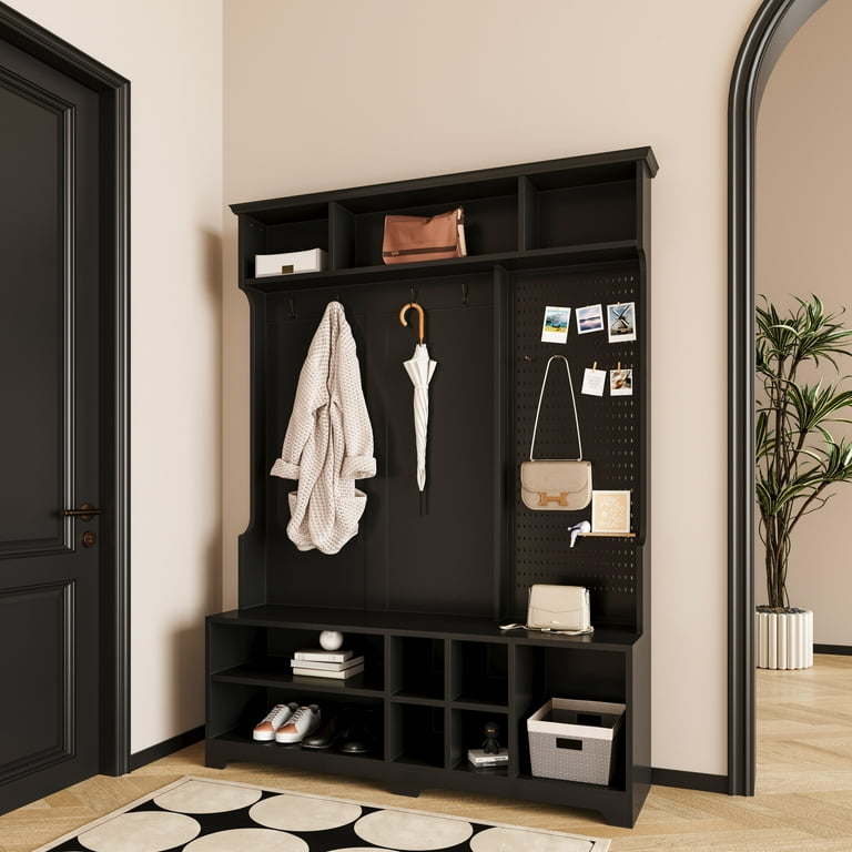 Royard Oaktree Wood Hall Tree w Bench Shoe Storage Coat Rack and Pegboard Wall Display Panels