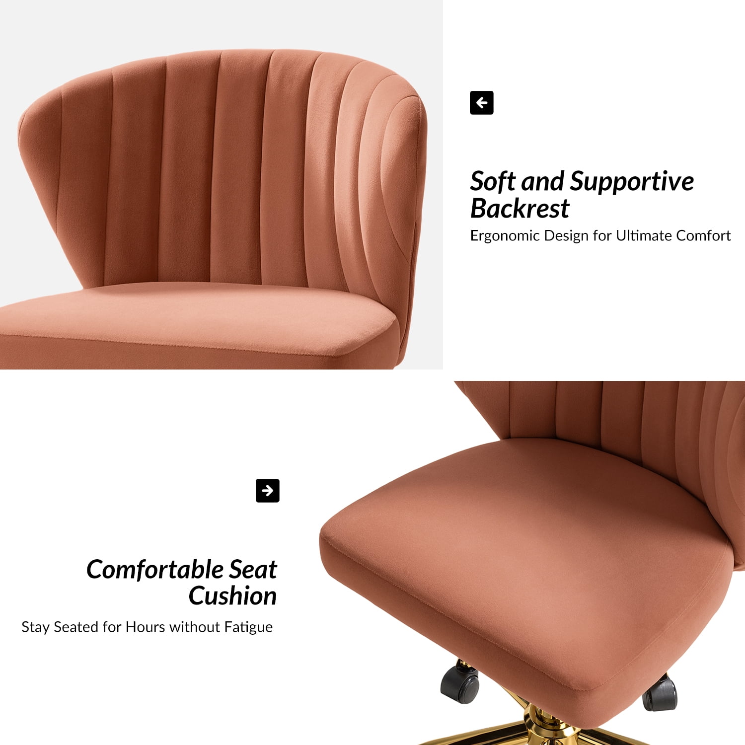 Tina's Home Coral Velvet Swivel Office Chair with Gold Legs, Adjustable Height Rolling Desk Chair for Vanity
