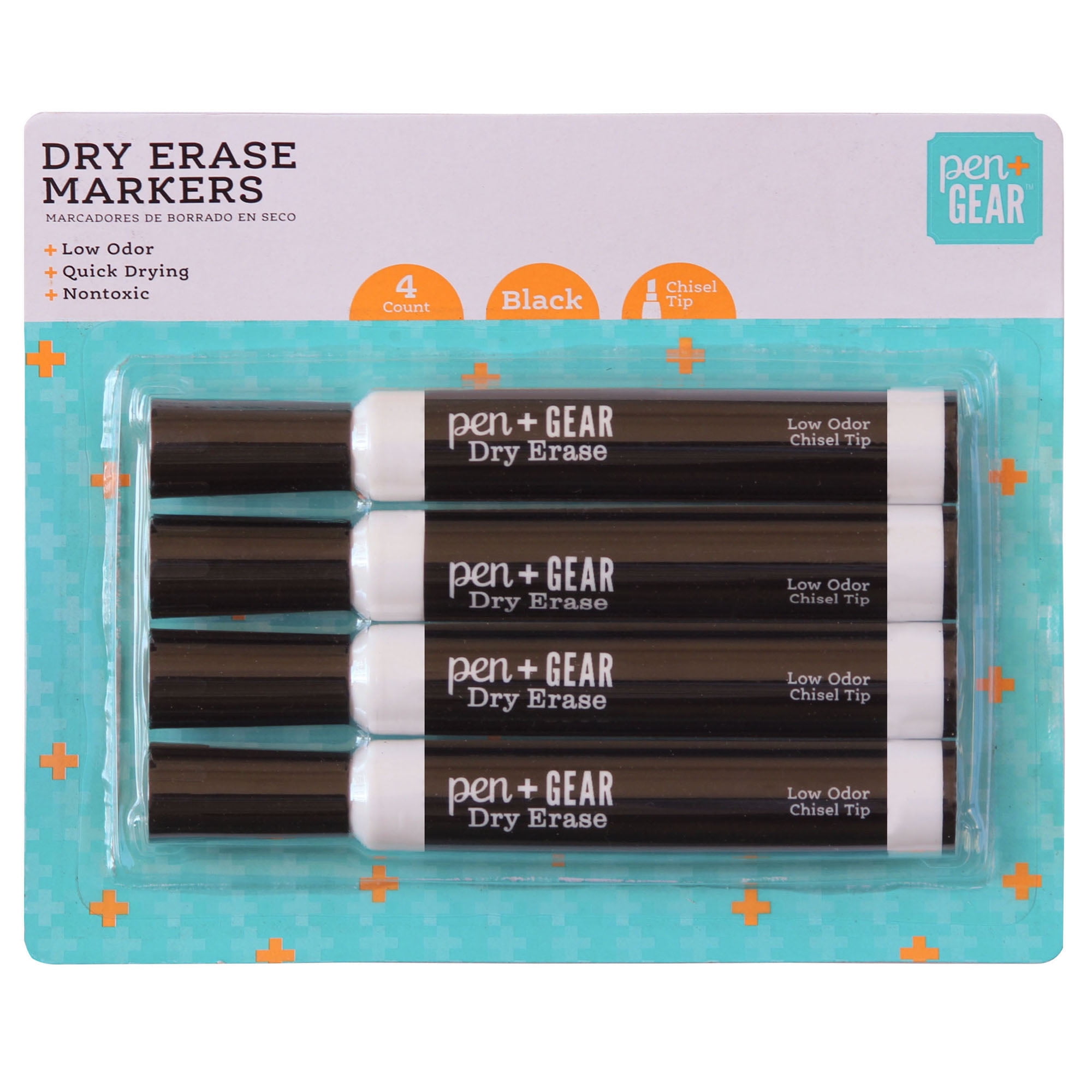 Pen+Gear Dry Erase, Chisel Tip, 4 Count, Black Color, Low Odor, Quick drying