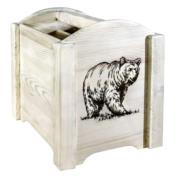 Homestead Collection Magazine Rack w/ Laser Engraved Bear Design, Clear Lacquer Finish