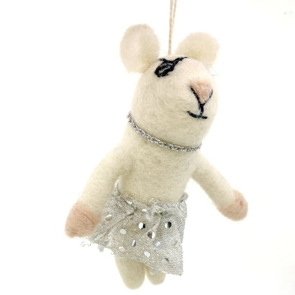 Ballerina Mouse Ornament -Wool White Mouse Christmas Ornament in Silver Tutu, Handmade
