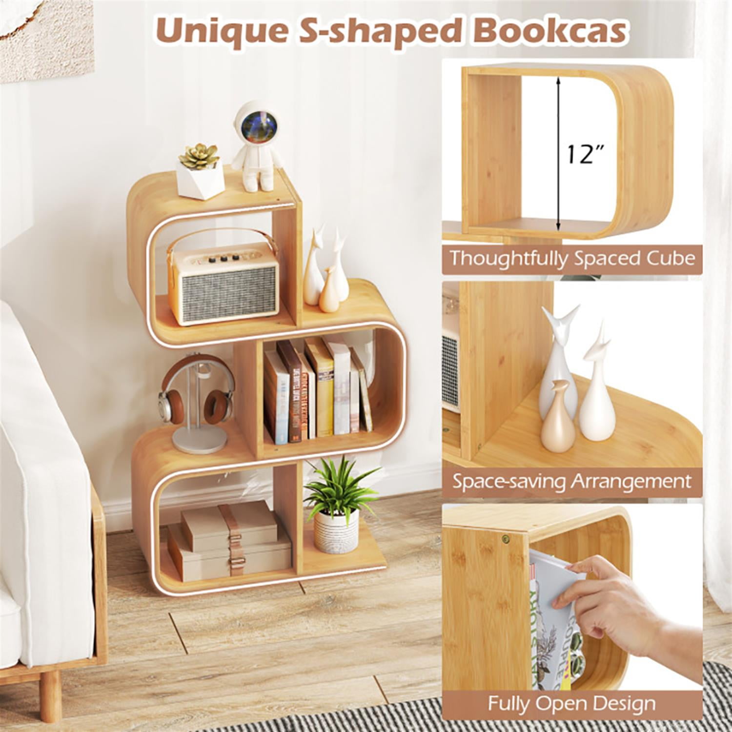 Demi Bonn Bookshelves and Organizer Open Cube Display Storage Shelves, 3-Tier S-Shaped Bookcase Home Decor Furniture for Living Room, Beige