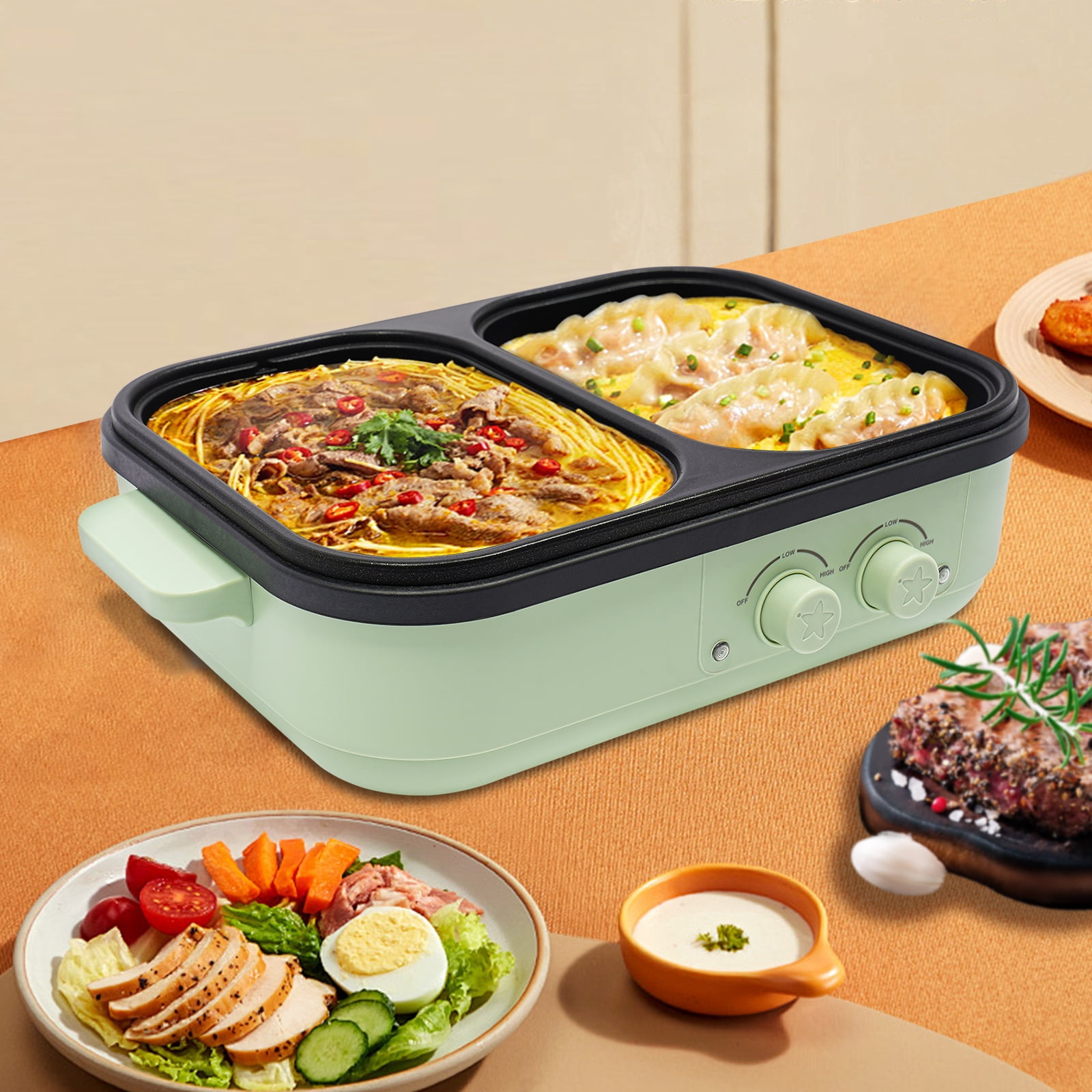 Miumaeov Mini 2-IN-1 Electric Hot Pot BBQ Grill Kitchen Smokeless Shabu Cooking Pan Nonstick Griddle 110V
