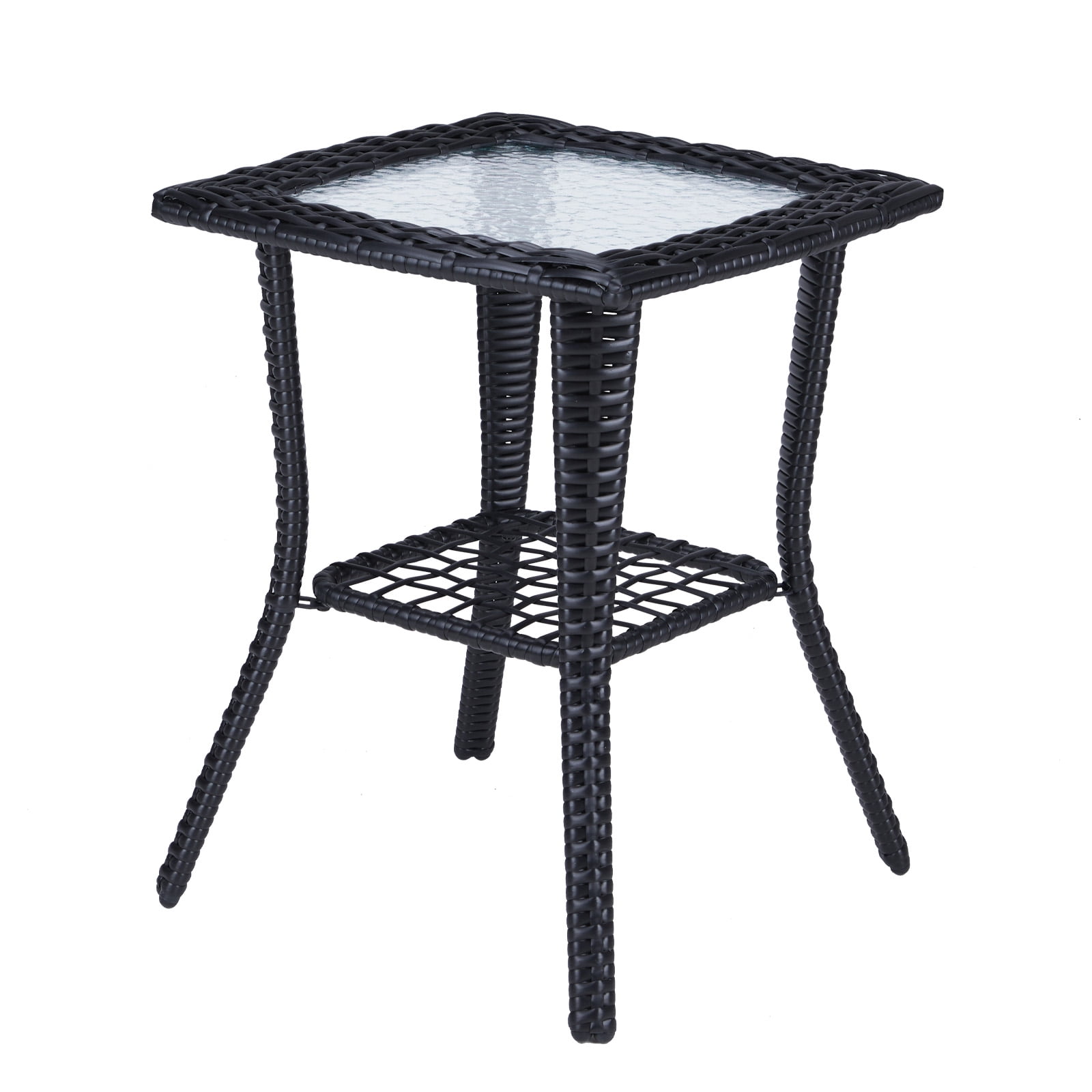 Wicker Side Table with Glass Table Top, Square PE Rattan Outdoor End Table for Patio, Garden, Poolside, Deck w/UV-Resistant Frame, Storage Space, Black