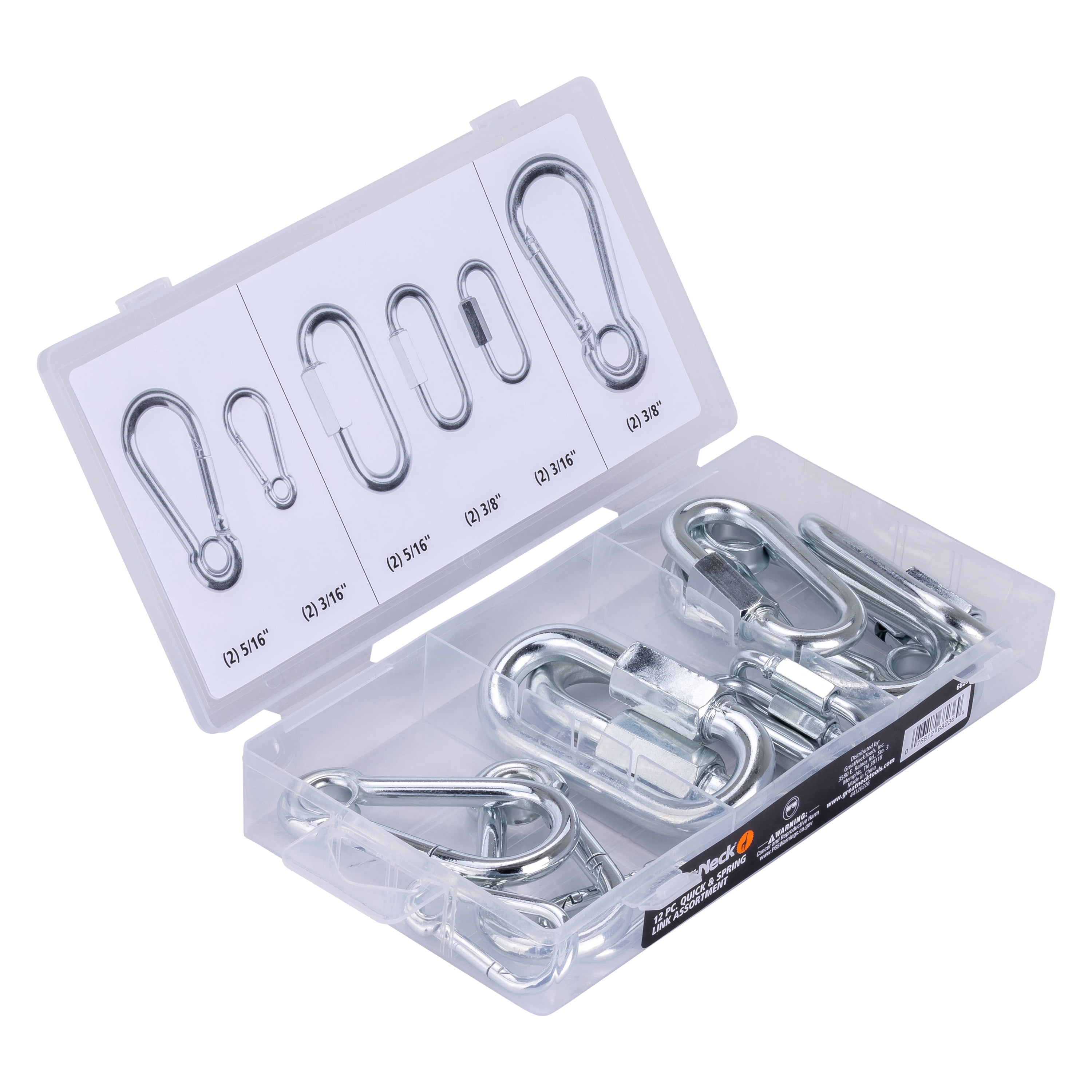 GreatNeck Steel Quick & Spring Link Assortment, 12 Piece Set, Durable Hardware Screws for Rigging & Securing