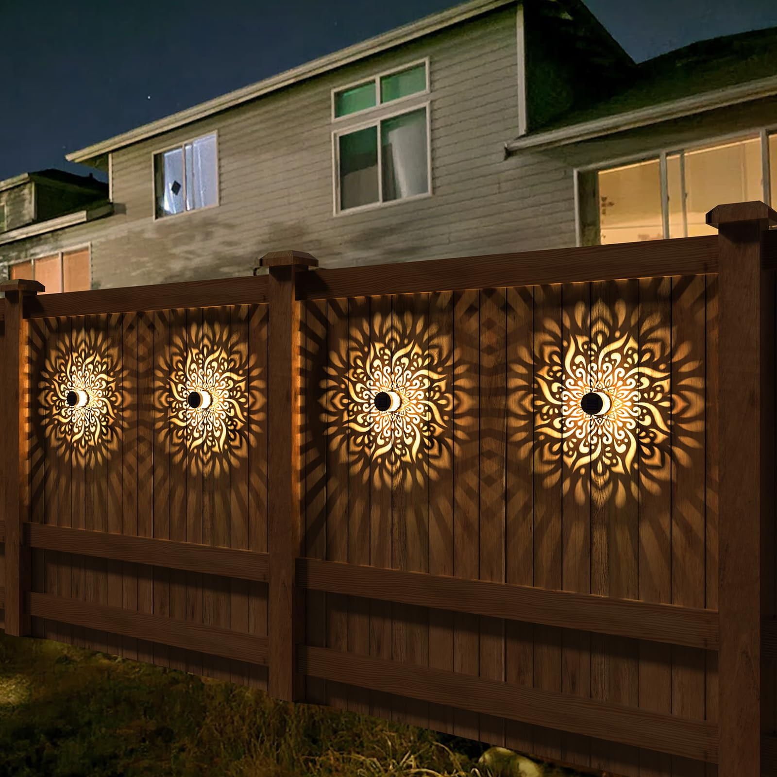 Mandala Solar Fence Lights Outdoor 2 Pack Solar Deck Step Wall Lamp Garden Decor