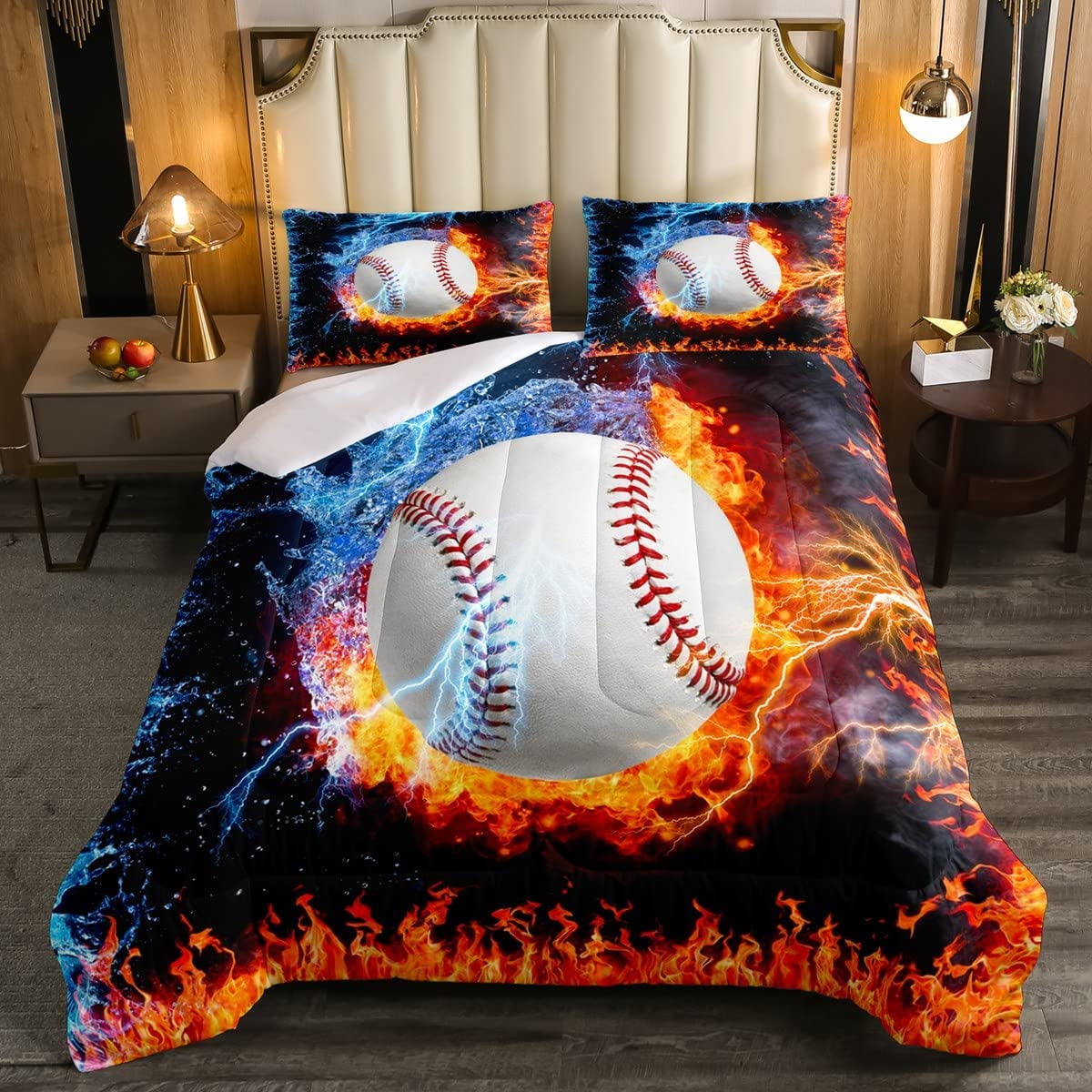 Baseball Comforter Set Twin Size for Teen Boy Room Decor, Fire and Ice