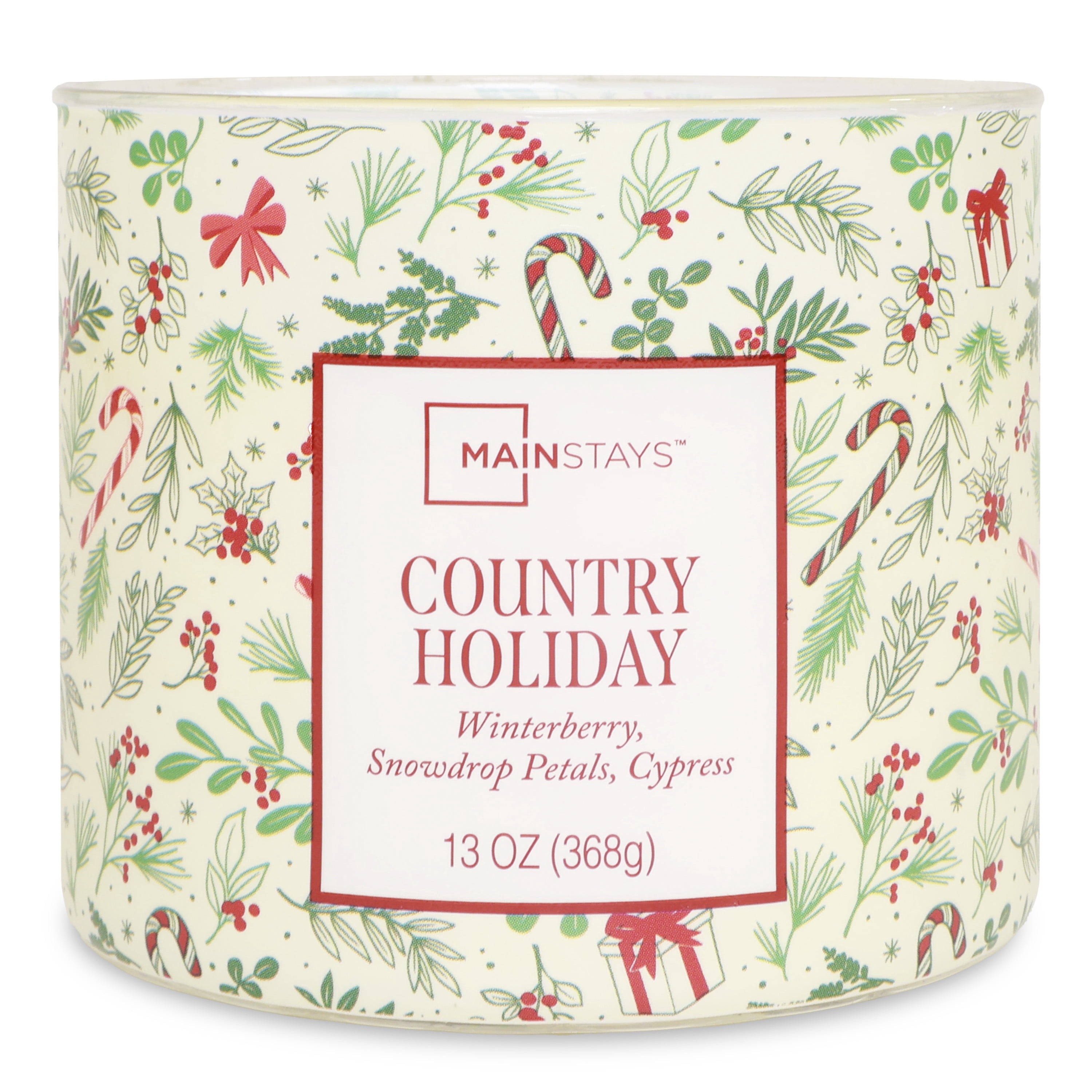Mainstays 3-Wick Country Holiday Scented Candle with a White Garland Toss Scene Wrap, 13-Ounce