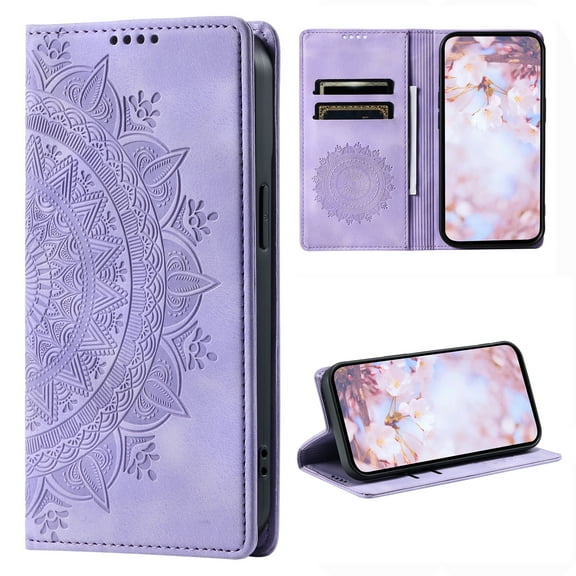 Case for iPhone 16e Wallet Case for Women Girls with Card Holder, Embossed Flower Pattern Magnetic Flip PU Leather Purse Protective Phone Cover for iPhone 16e, Purple