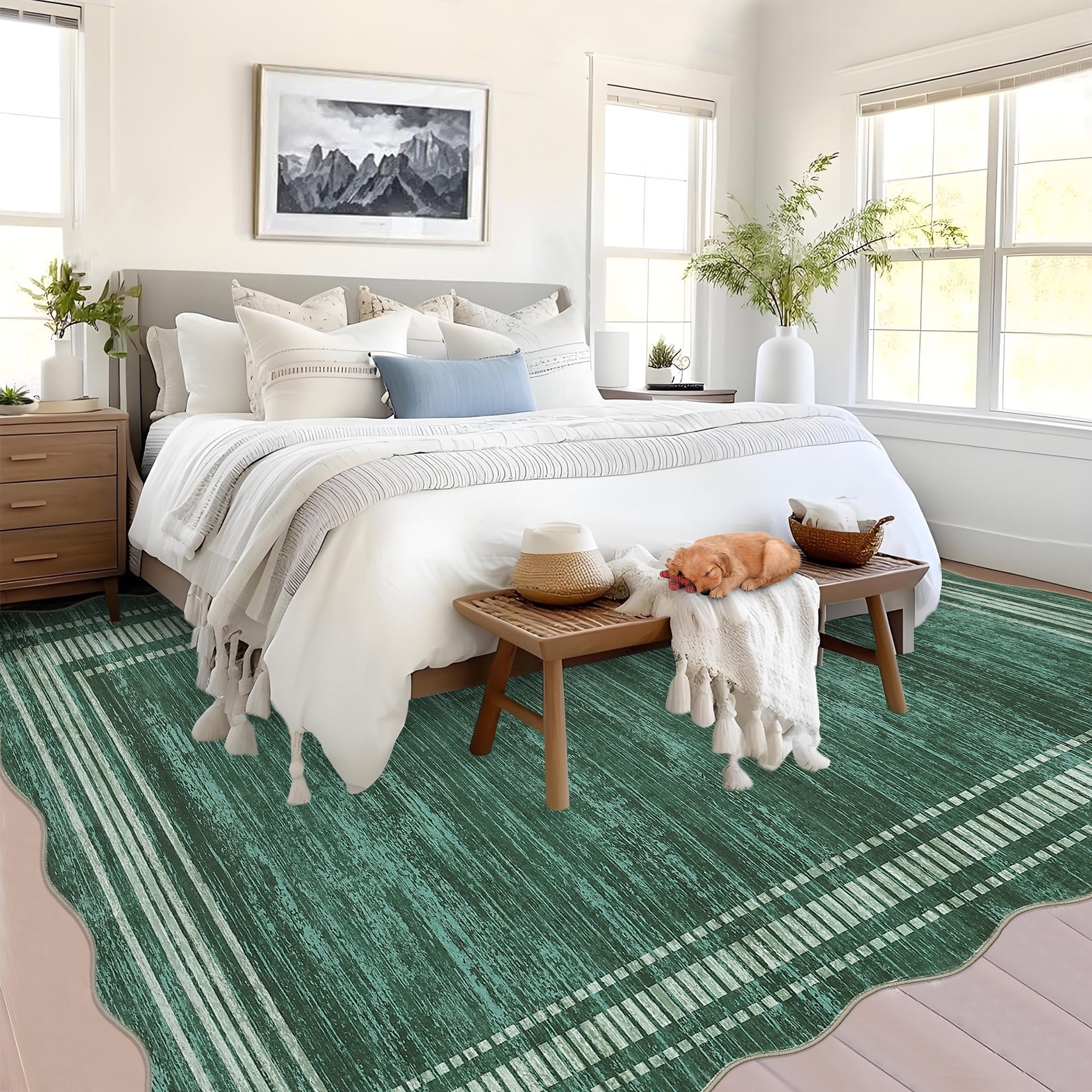 COZONY 10'x13' Modern Scalloped Washable Area Rug, Non-Slip Low-Pile Carpet for Living Room, Dining Area, Green