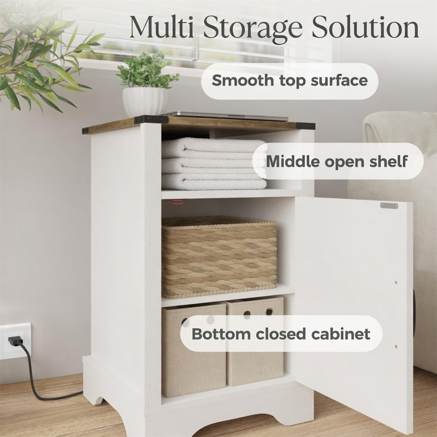 Hommoo 16" Farmhouse Nightstand Bedsude Tabke Sofa End Table with Charging Station & Shelf Storage, White & Rustic Oak