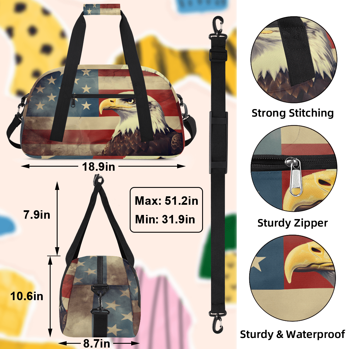 Herdesigns American Flag Eagles Sports Duffle Bag for Women & Men, Patriotic USA Flag Gym Bag Dance Bag Overnight Bag Carry On Weekender Travel Bag