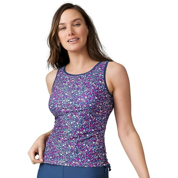Free Country Women's Full Side Shirring Tankini Top, Fuchsia Wildflower - Large