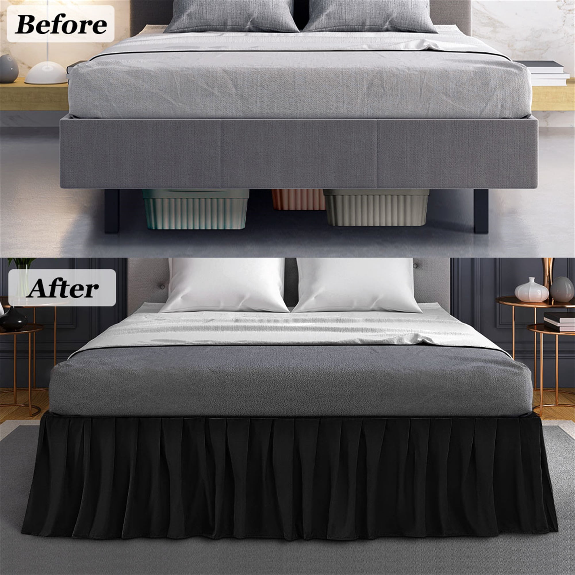 PiccoCasa Brushed Microfiber Bed Skirts 16" Drop Ruffled Wrap Around, Queen Black