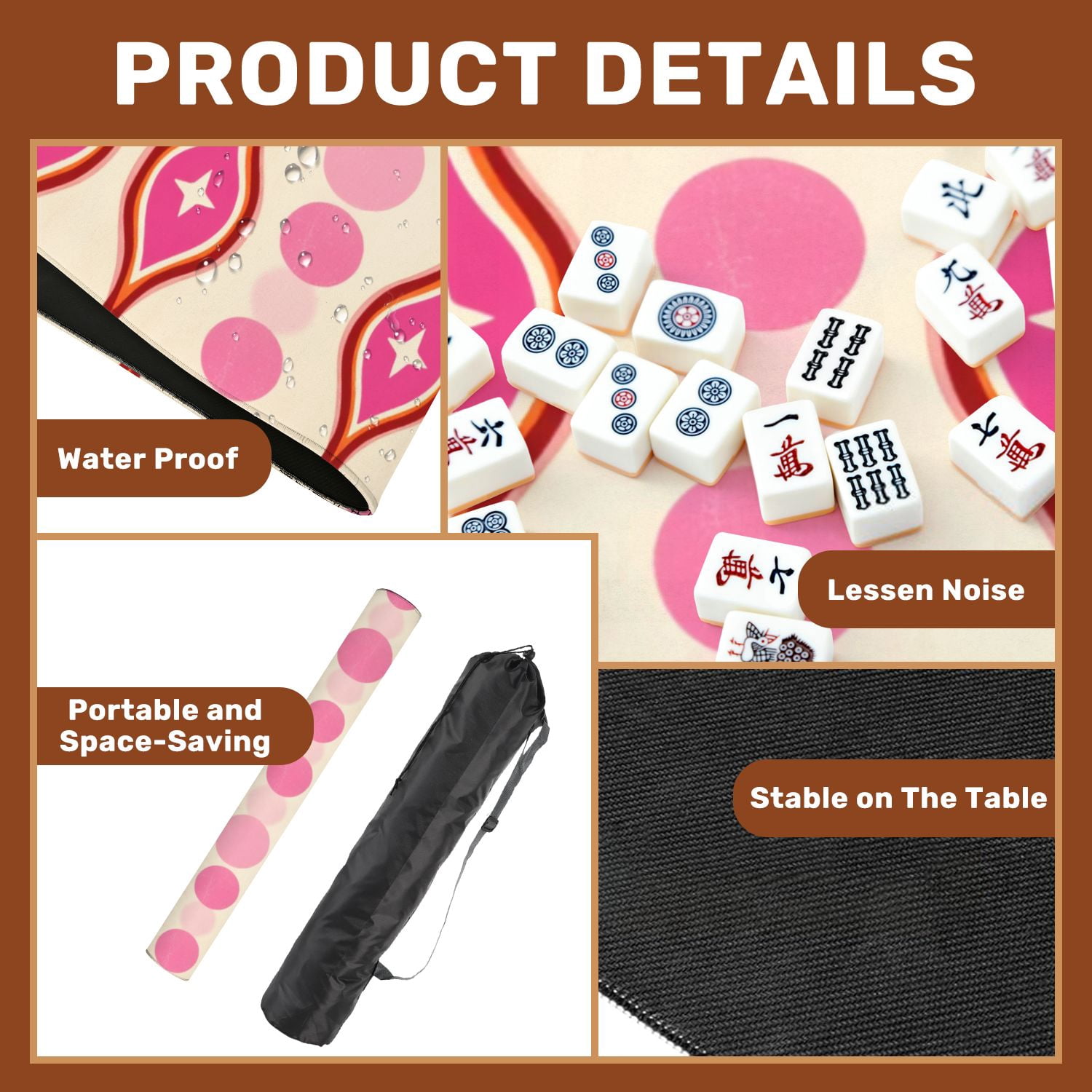 Mahjong Mat 31.5" x 31.5" Retro Pink Orange Geometric Star Accents Non-Slip Noise Reduction American Mahjong Tiles Table Cover for Dominoes Poker Card Board Games Gift