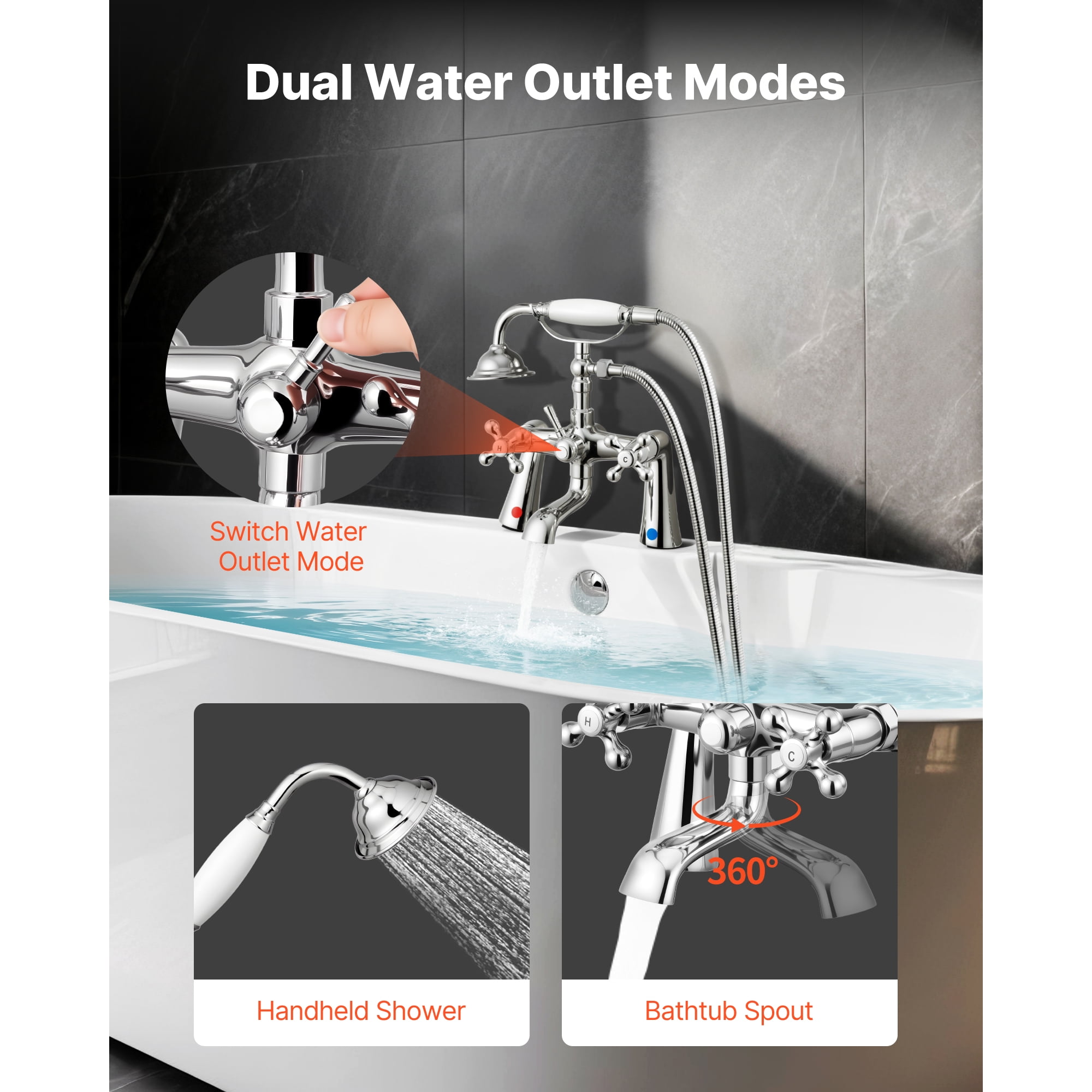 KFFKFF Clawfoot Tub Faucet, Deck-Mounted Bathtub Faucet with Handheld Shower, Classic Polished Chrome Tub Filler with 360° Swivel Spout & 59-Inch Hose for Bathtubs