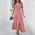 thumbnail image 4 of Summer Dresses Women's Fashion Fallow V-Neck Short Sleeve Solid Color Dresses Summer Dresses for Women 2025 Pink S, 4 of 7