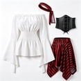 thumbnail image 4 of Fortwear Women Pirate Costume 4-Piece Set, Off Shoulder Bell Sleeve Top, Striped Irregular Skirt, Corset Waistband & Headband, Halloween Cosplay Outfit, 4 of 9