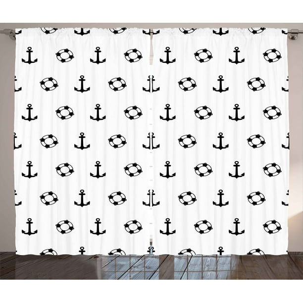 Nautical Curtains 2 Panels Set, Maritime Theme Objects Anchors and