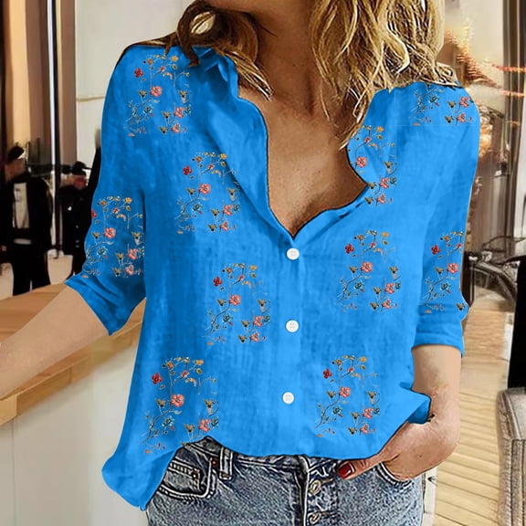 HLKJKLS Winter Clothing For Women Loose Fit Solid Lapel Collar Long Sleeve Blouse Fashion Button Front Polyester Spandex Blue S-6Xl