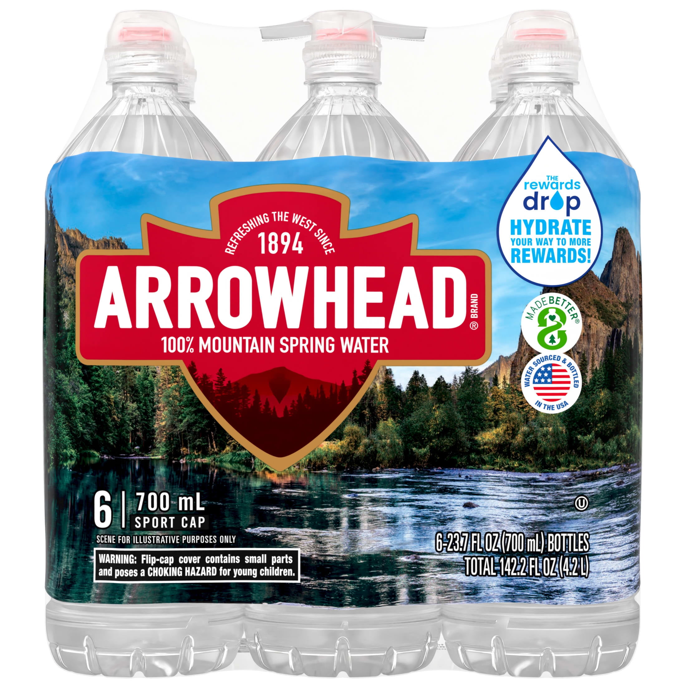 Arrowhead Mountain Spring Water, Sport Cap, 23.7 fl oz, 6-pack Plastic Bottles