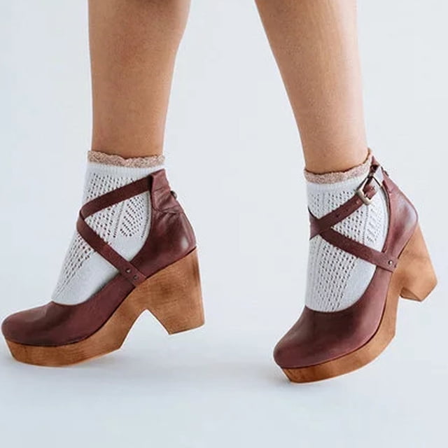 Zapatos de plataforma poco profundos con tacón grueso y tacón alto con hebilla informal para mujer Wmkox8yii shjk6230