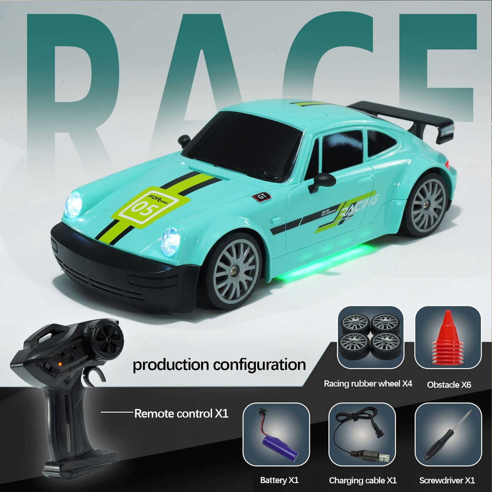 ​1:20 Scale RC Drift Car - 2.4GHz 4WD, 20KM/H High Speed, Rechargeable, LED Lights & Drift Tires (Remote Control Racing Car)​​ B