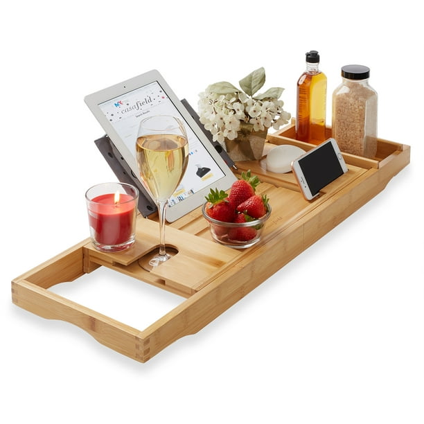 Casafield Bathtub Caddy - Bamboo Adjustable Bath Organizer ...