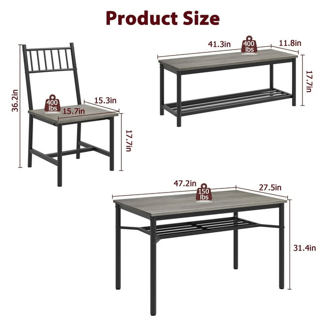 Kojooin Dining Table Set, Kitchen Table and Chairs for 4 with Storage Racks, Retro Dining Table Set with Bench and 2 Chairs, 4 Piece Furniture for Kitchen, Apartment, Grey
