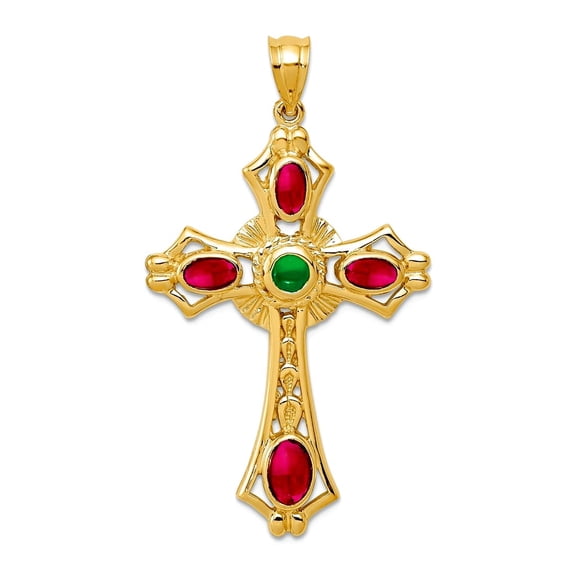 14k Yellow Gold Solid Polished Ruby and Emerald Cabochon Religious Faith Cross Pendant Necklace 24.7x44.3mm Pendant for