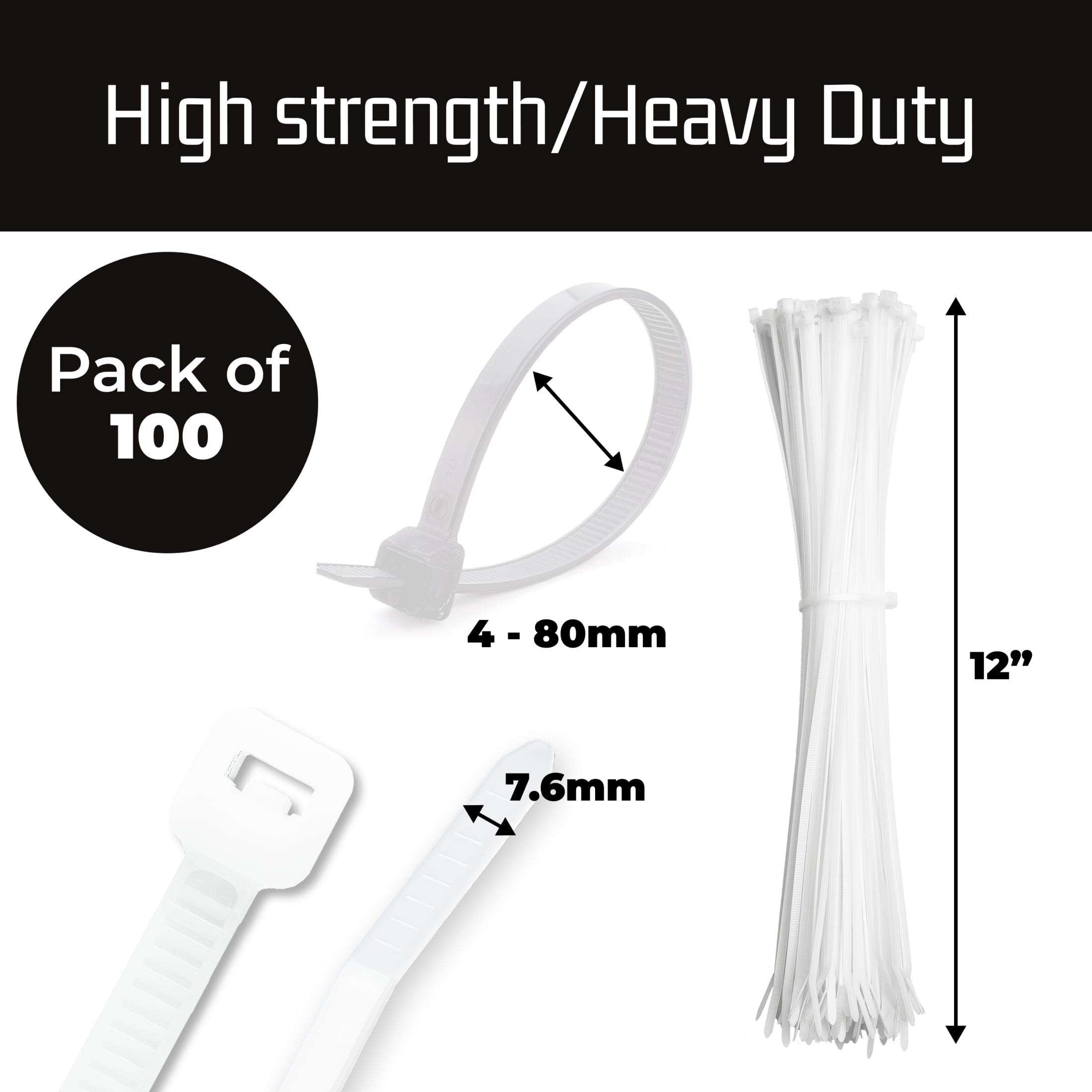 White Zip Ties Heavy Duty - 12" Self-Locking Cable Ties (100 Pack) with 120lbs Tensile Strength for Indoor and Outdoor Use by Bolt Dropper
