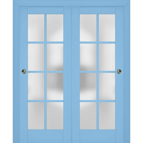 Sliding Closet Bypass Doors with Frosted Glass | Veregio 7412 Aquamarine| Sturdy Rails Moldings Trims Hardware Set | Wood Solid Bedroom Wardrobe Doors -36" x 84" (2* 18x84)