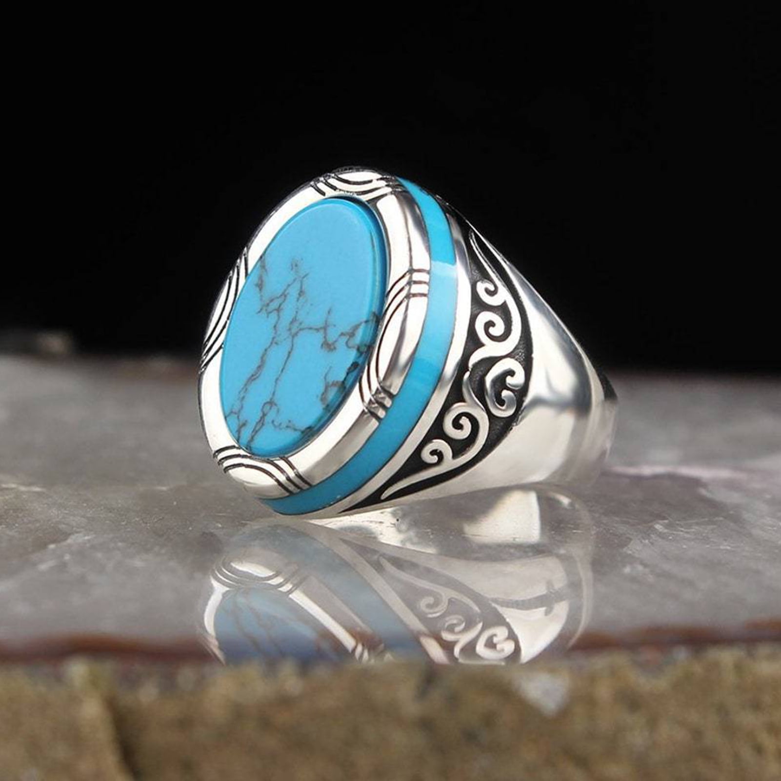 enjoywould Electroplating Polishing Wide Men Ring Punk Retro Carved Pattern Faux Turquoise Ring Jewelry Accessories