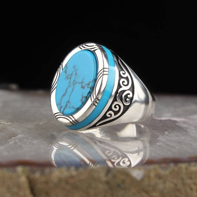enjoywould Bague Électroplaquée Polissage Large Homme Punk Rétro Motif Sculpté Faux Turquoise Accessoires de Bijoux