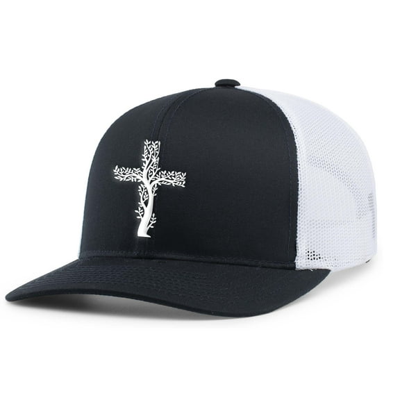 Mens Christian Hat Tree Cross Embroidered Mesh Back Trucker Hat, Navy/White