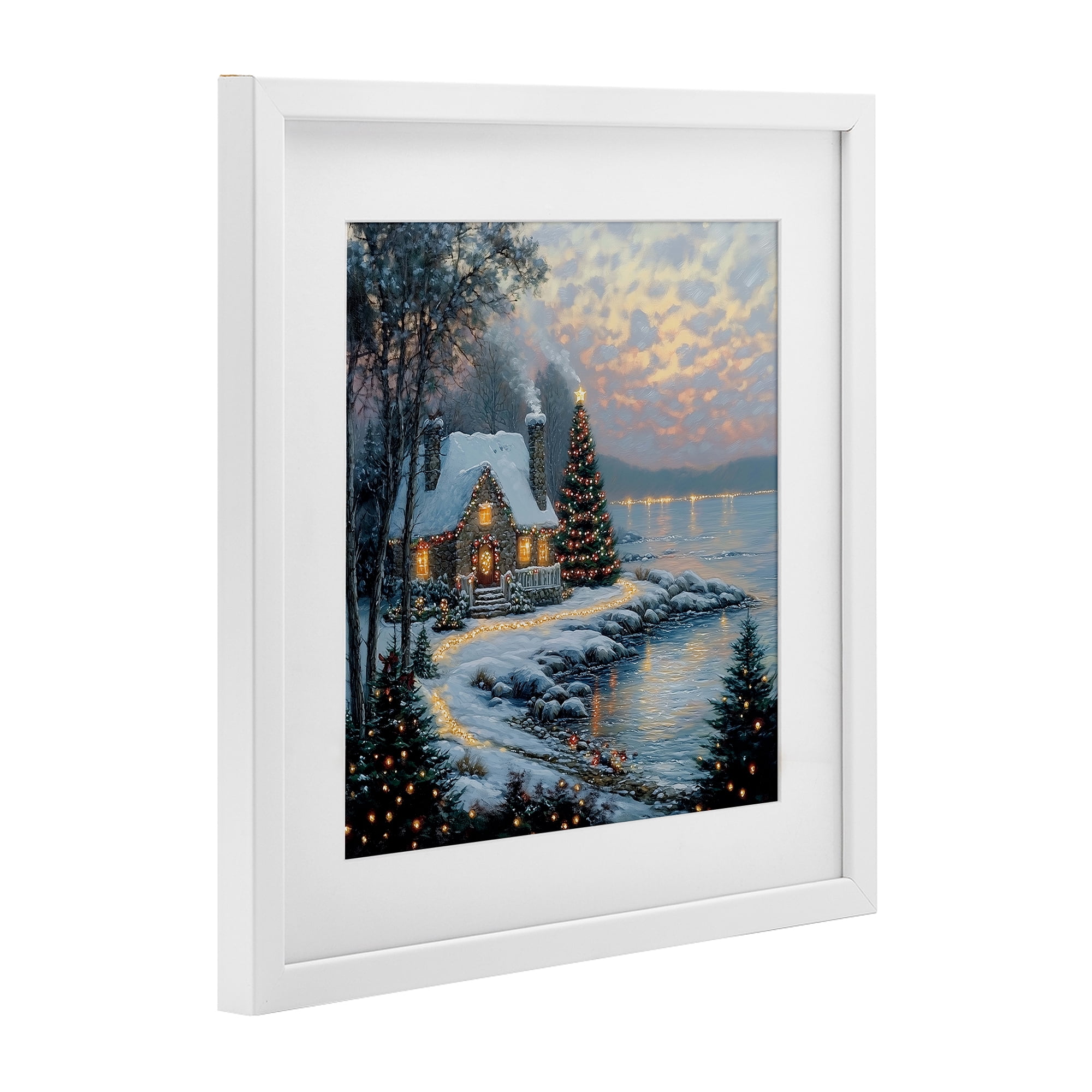 Stupell Industries Snowy Lit Cottage by Lake White Framed Print Under Glass, design by Heidi Kuntz