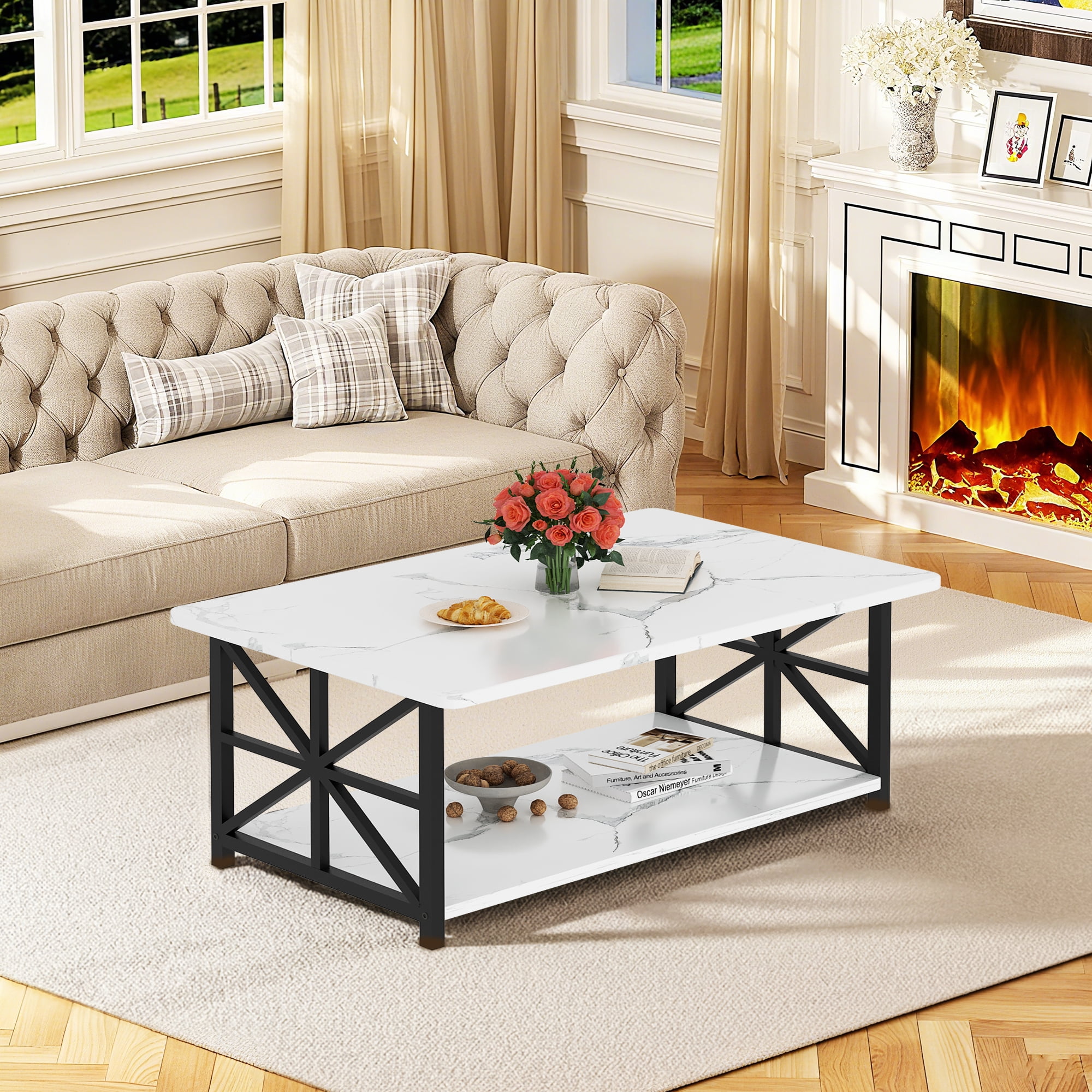 Baxluxe Faux Marble Coffee Table with Storage Shelves, 2-Tier Storage Rectangular Living Room Center Table, Metal Base Sturdy Modern Coffee Tea Table for Living Room, Apartment, Office, White