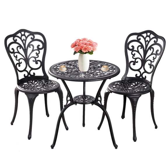 Withniture 3pcs Outdoor Bistro Set, Cast Aluminum Patio Dining Table and Chairs with 2" Umbrella Hole,for Front Porch, Garden Black