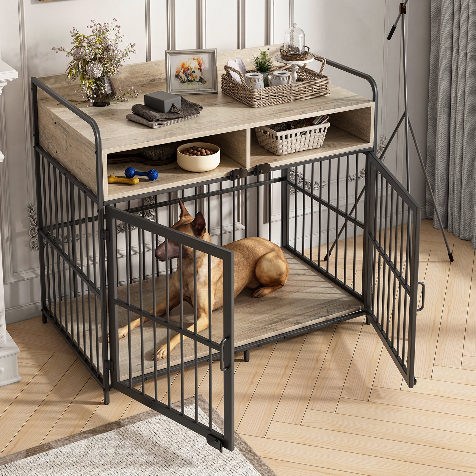 Large Furniture Dog Crate, Dog Kennel Indoor, Wood Dog Cage Table with Drawers Storage