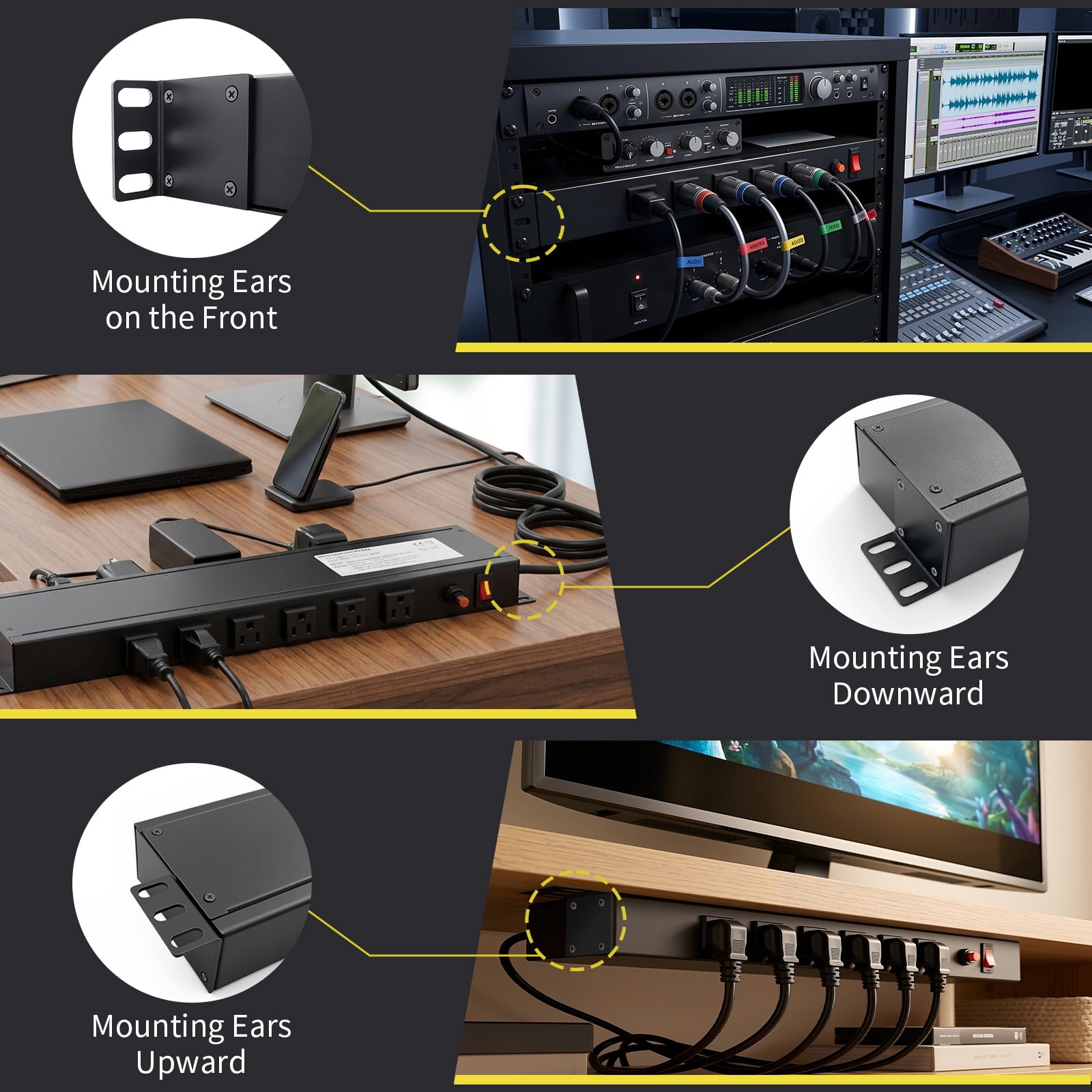 ZHANGONG 1U Rack Mount PDU, 12-Outlet Power Strip with 45° Angled Flat Plug, 6 Front & 6 Rear Outlets, 15A Overload Protection, 10FT Cord for Server Rack