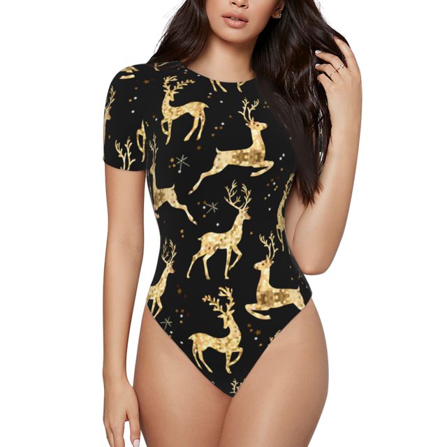 Balery Christmas Gold Deers Body de cuello redondo de manga corta para mujer Tops de manga corta Tops básicos-X-Large