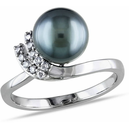 8mm-8.5mm Black Round Tahitian Pearl and Diamond-Accent 10kt White Gold Cocktail Ring