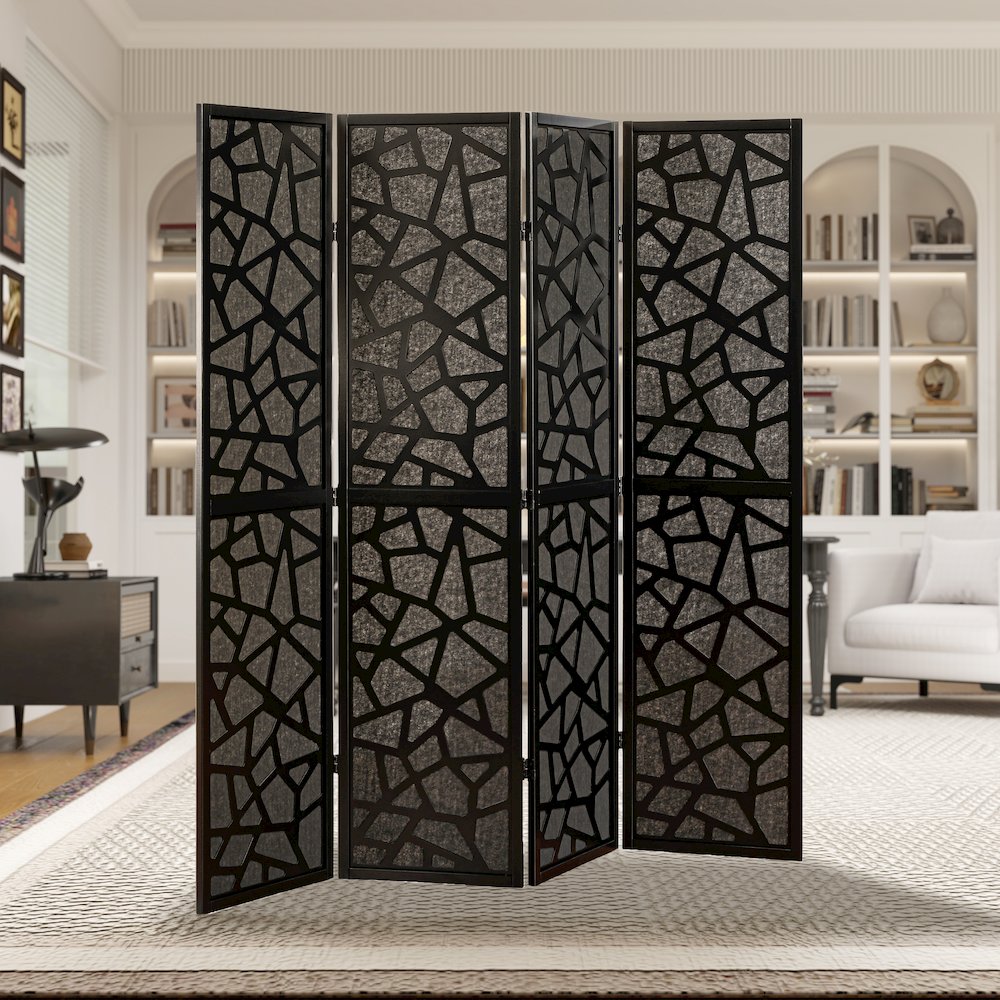 Roundhill Furniture Aurra 4-Panel Wood Room Divider, Folding Portable Partition Screen, Black