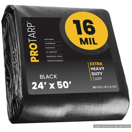 Protarp 16 Mil Extreme Heavy Duty Tarp Camping Tarpaulin Waterproof Cover, Black 24′ X 50′Ft