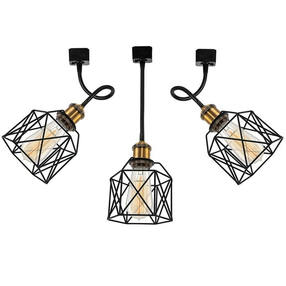 Kiven H Track Pendant Lightning,Adjustable Tilt Angle,Industrial H Track Lighting Heads with Black Iron Cage Shade, 3 Lights for Bedroom Kitchen Home Lighting,E26 Socket