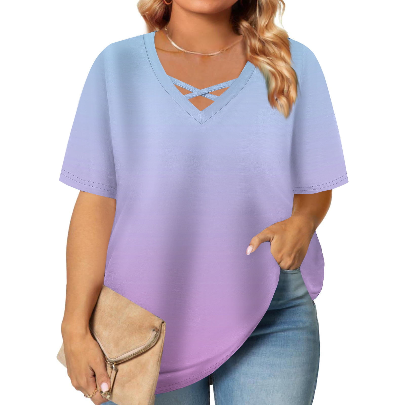 JGGSPWM Women's Plus Size Short Sleeve Criss Cross Neck Summer Trendy Dressy Casual Tunic Tops Tees Blouses Purple 5XL