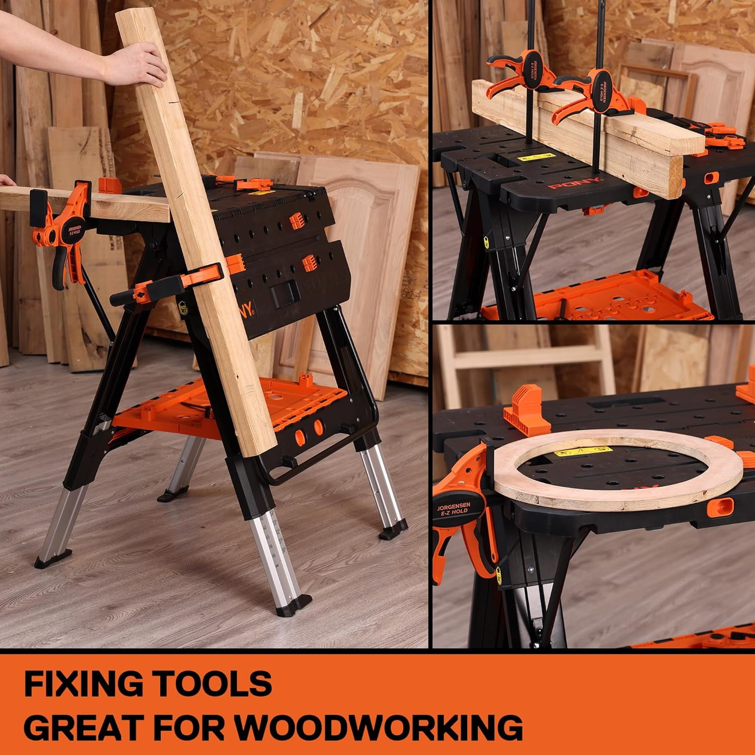 Pony Portable Folding Work Table, 2-in-1 as Sawhorse & Workbench, Load Capacity 1000 lbs-Sawhorse & 500 lbs-Workbench, 31” W×25” D×25”-32”H, with 4pcs Clamps, 4pcs Bench Dogs, 2pcs Safety Straps