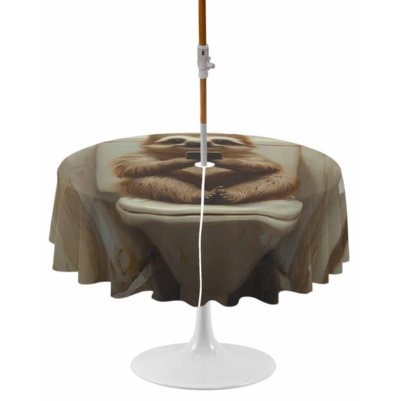 Bathroom Sloth Round Outdoor Tablecloth, Waterproof Table Cloth Cover with Umbrella Hole and Zipper, Toilet Animals Vintage Table Protector for Patio Party Picnic 60" Round