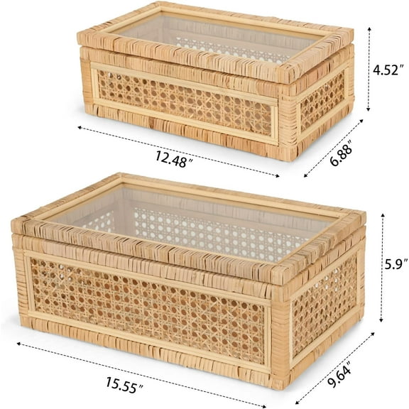 Handwoven Boho Rattan Display Boxes with Glass Lids - Set of 2 Decorative Storage Bins