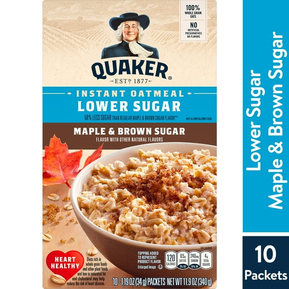Quaker Instant Oatmeal, Lower Sugar, Maple & Brown Sugar, 1.19 oz, 10 Packets